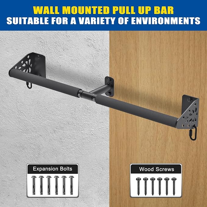 Kipika Wall Mounted Pull Up Bar - Heavy Duty 500 LB Capacity Doorway Chin Up Bar for Home Gym, Sturdy Steel Construction with Resistance Band Hooks | Hanging Exercise Bar for Full Body Workout