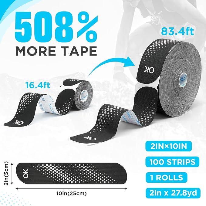 OK TAPE Kinesiology Tape Synthetic Precut 100 Strips 2inch x 27.8yd 1 Roll | Waterproof Kinesiology Athletic Tape for Joint & Muscle, Wrist Support, Reflective and Durable Tape Black