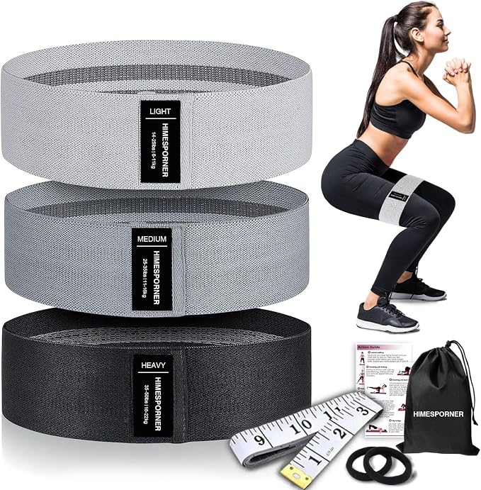 HIMESPORNER Wide Fabric Resistance Bands for Working Out 3 Level | Non-Slip Exercise Booty Bands for Women Men Leg Glutes with Hair Ties and Tape Measure - for Home Gym Workout, Yoga, Pilates