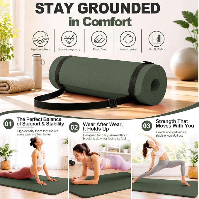 HULKFIT High Density Non Slip Yoga Mat, Extra Thick Exercise Mat with Carrying Strap, for Pilates, Fitness, Home Gym & Floor Workouts - Multiple Thickness & Multiple Color
