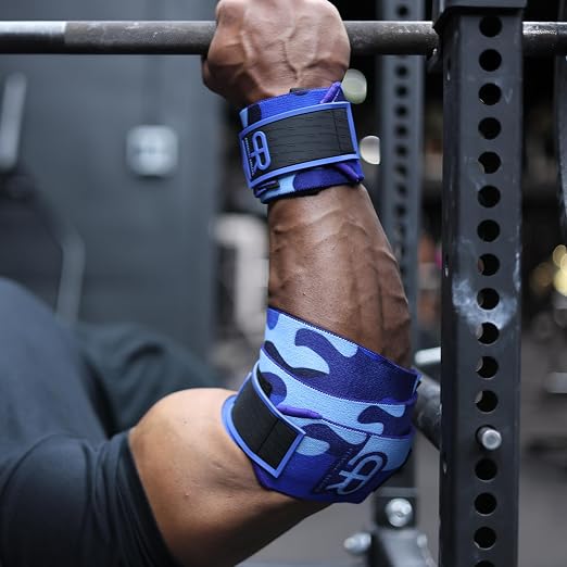 Elbow Wraps for Weightlifting - Heavy Duty Construction, 25% More Elasticity, Reinforced Stitching, Extra Wide Fastener, Easy to Adjust, (Blue Camo)