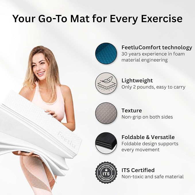 Foldable Yoga Exercise Mat, 6mm/8mm/10mm/12mm Thickness, 72 x 24 Inch - Lightweight, Anti-Slip, and Easy to Store for Yoga, Pilates, Home Workouts, and Floor Exercises