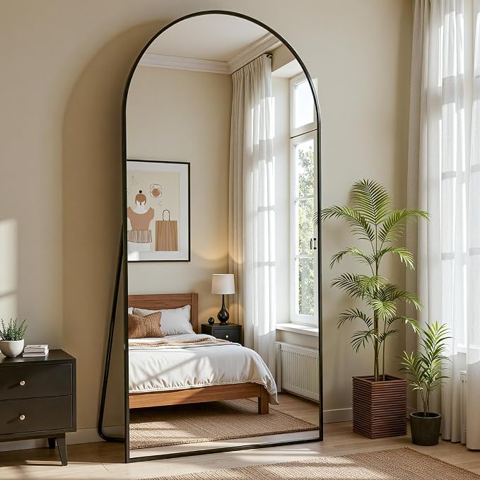 Floor Mirror, 76"x34" Oversized Full Length Mirror with Stand, Arched Full Body Mirror Standing Hanging Leaning Against Wall, Aluminum Frame Giant Mirrors for Bedroom Cloakroom, Black