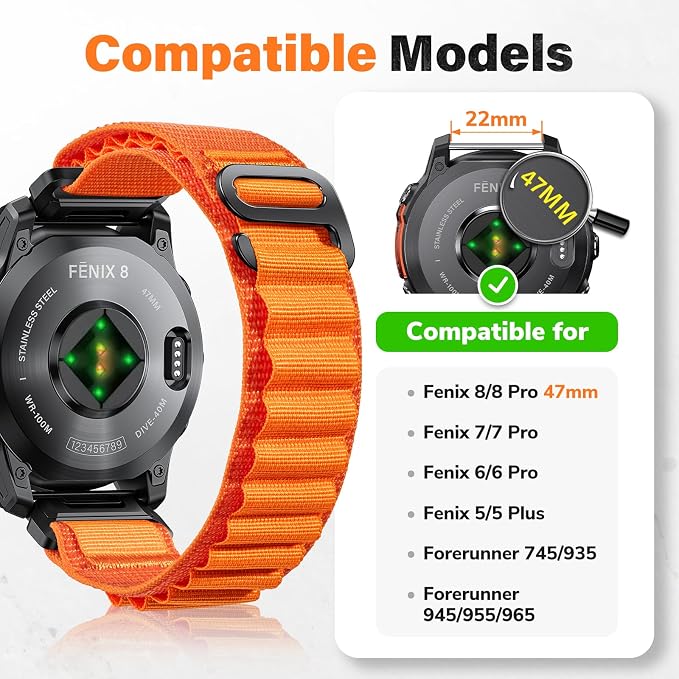 Alpine Loop Nylon Watch Band Compatible with Garmin Fenix 5/6/7/8 47mm, Quickfit 22mm Rugged Watch Bands for Garmin Epix Gen 2/Fenix 8 Pro 47mm/7 Pro/6 Pro/5 Plus/Forerunner 935/S62