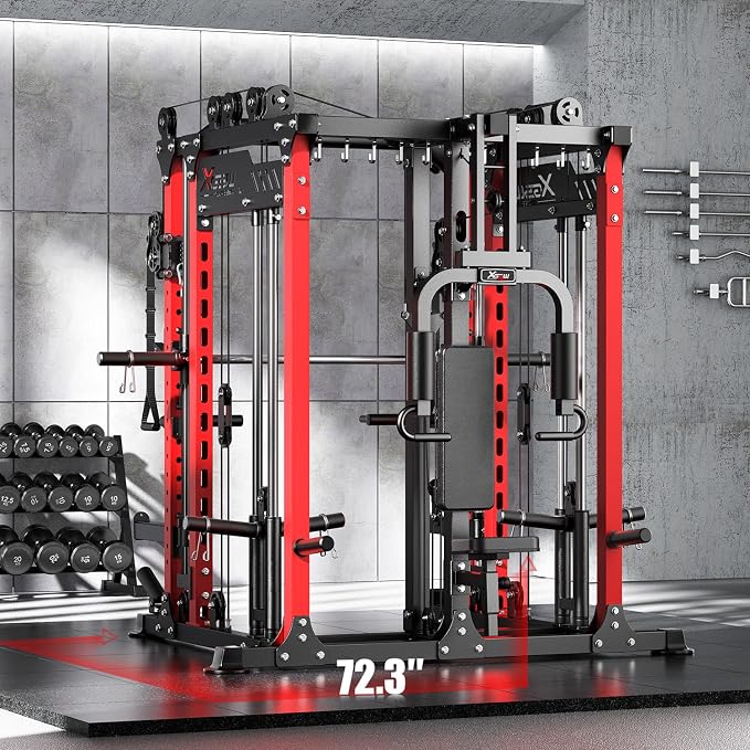 Smith Machine with Cable Crossover System, Multi-Function Power Cage Squat Rack for Home Gym, Power Rack and Packages Weight Sets.