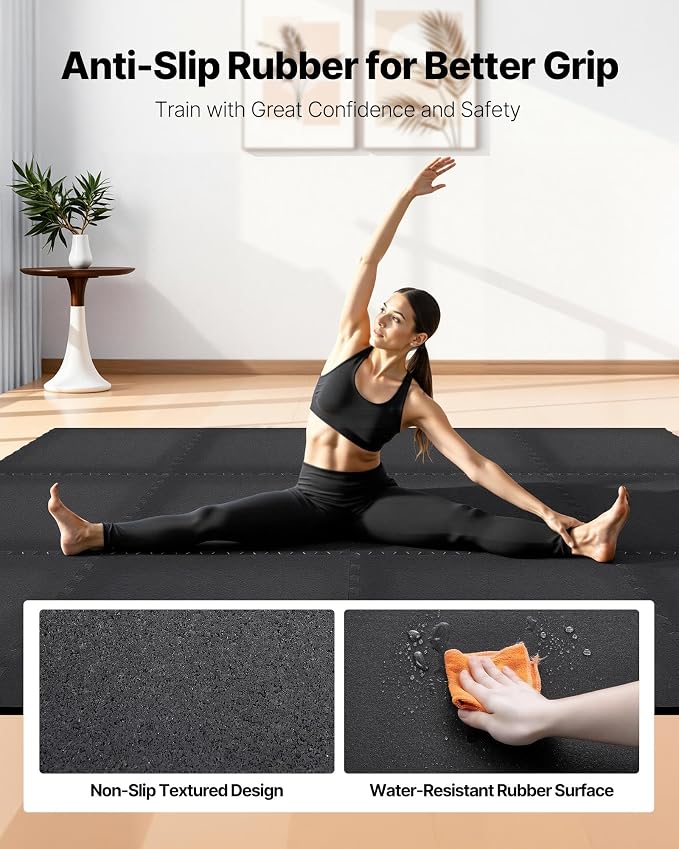 VEVOR 0.56Inch 48sq.ft 12 Tiles Gym Flooring for Home Gym, Rubber Top with High Density EVA Foam, 24 x 24In Gym Floor Exercise Equipment Mats, Interlocking Gym Mats, Puzzle Workout Mats, Black | Rubber Top with High Density EVA Foam, Lightweight Gym Fl...