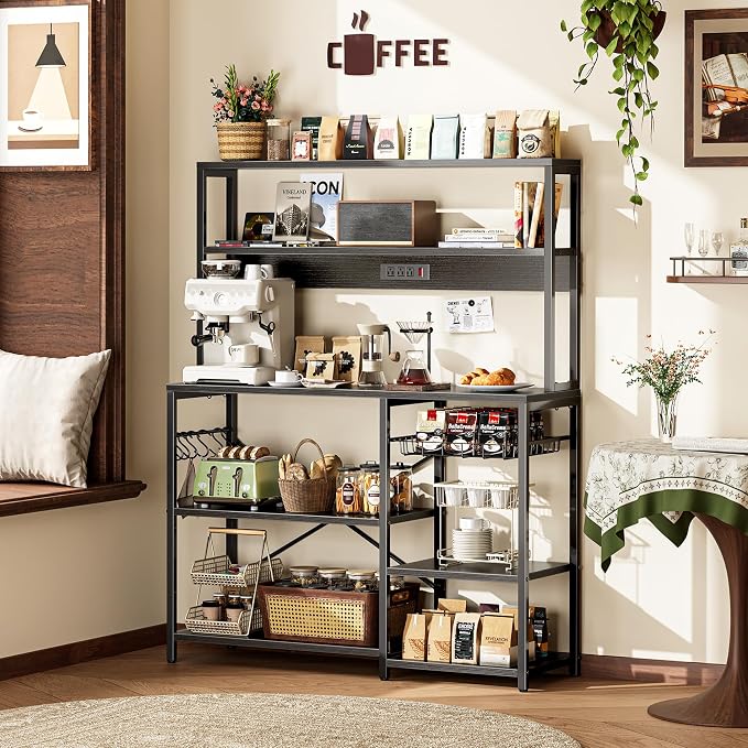 SUPERJARE Bakers Rack with Power Outlet, 47.2 Inches Coffee Bar with Basket | Kitchen Microwave Stand with 3 Level-Adjustable Open Shelves, with 7 S-Shaped Hooks, Black