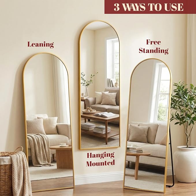 Suidia 56"x14" Arched Full Length Mirror with Stand, Full Body Mirror with Aluminum Frame, Freestanding/Leaning/Wall-Mounted, Floor Mirrors for Bedroom, LivingRoom, Entryway, Dressing Room,Gold
