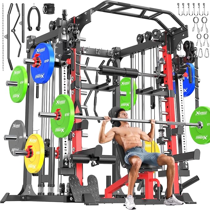 Multi-Purpose Squat Rack,Smith Machine Weight Rack Set with Cable Crossover System, Home Gym Power Racks, Power Racks and Packages