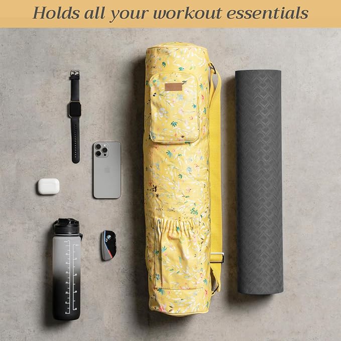 Maison d' Hermine Yoga Mat Duffle Bag Gym Tote Yoga Mat Carry Bag | Cylindrical bag for Woman Men Gifts Adjustable shoulder straps with Drawstring Water Bottle Pocket and zipper pocket