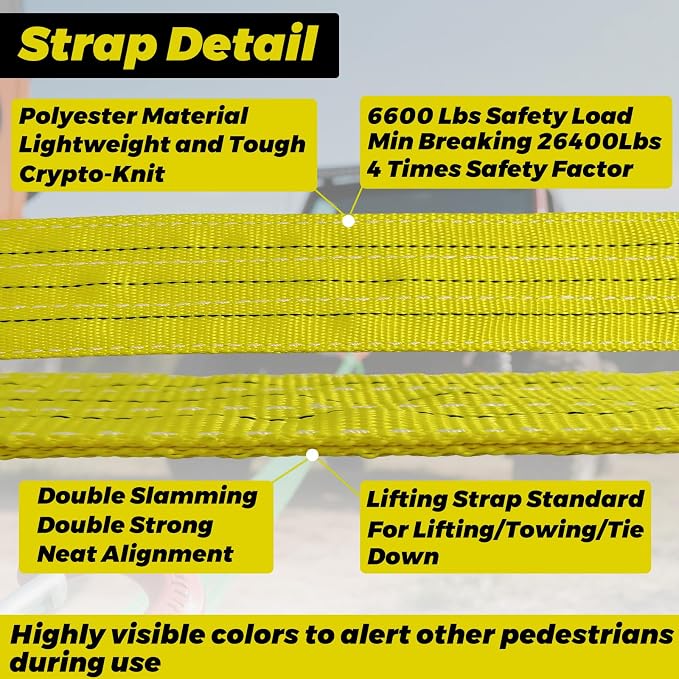 HENBOW Lifting Straps for Hoist,8' × 3" Heavy Duty Flat Lift Sling Straps with D Ring Shackle 6600 lbs Safety Load，Web Sling Car Tree Saver Winch Recovery
