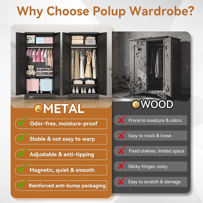 Polup 71" Tall Metal Armoire Wardrobe Closet with 2 Doors | Heavy Duty Steel Clothing Storage Cabinet with Hanging Rod & Adjustable Shelves, Locker Organizer for Bedroom, Office, Black