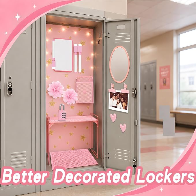 16 PCS Locker Accessories for Girls Magnetic Locker Decorations Kit with Shelf Mirror Whiteboard Pen Holder Rug Wallpaper Lights Locker Organizer Set for School Dorm Room Office Gym (Pink)