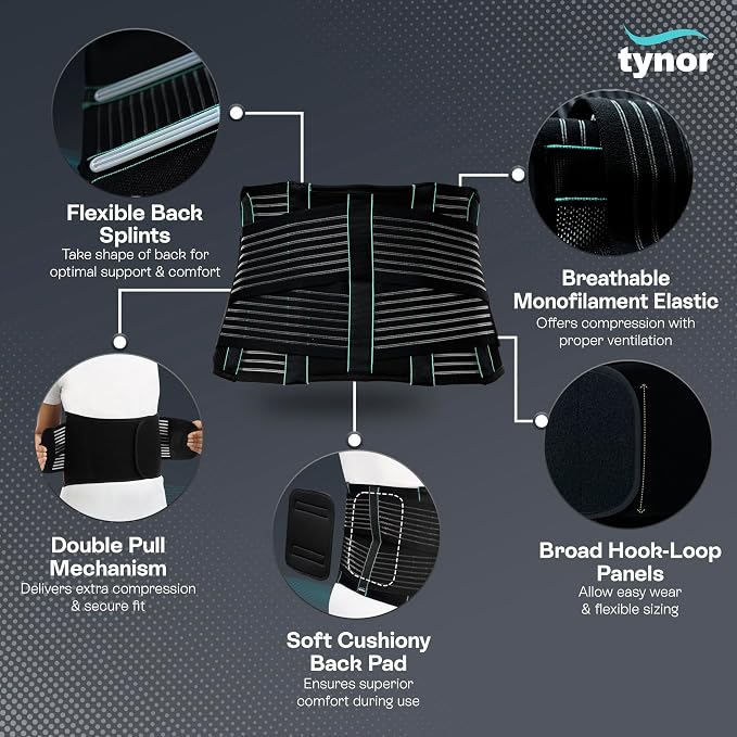 TYNOR Back Brace for Lower Back Pain with Lumbar Pad for Men & Women, Breathable Lumbar Support Brace with Adjustable Straps for Herniated Disc, Scoliosis & Lifting (Large, Premium Black)