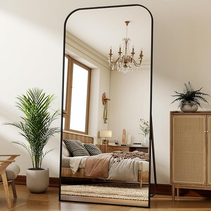 XRAMFY 77"x38" Full Length Mirror - Large Floor Standing & Wall Mountable Full Body Mirror with Sturdy Aluminum Frame, Arched Top Design, Freestanding or Hanging for Bedroom, Cloakroom,Black