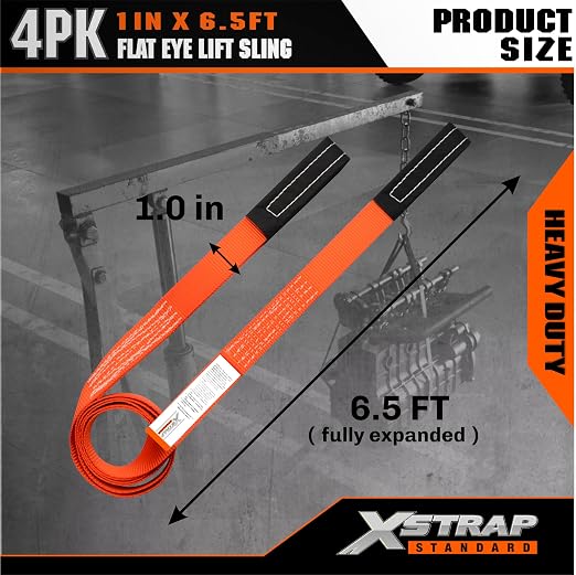 XSTRAP STANDARD 4PK 1"x6.5ft Lifting Sling Straps 2000 lb Vertical Capacity | 1600 lbs Choker / 4000 lbs Basket Capacity, 5:1 Safety Factor Polyester Web Slings for Rigging, Hoist, Tree Stump Removal