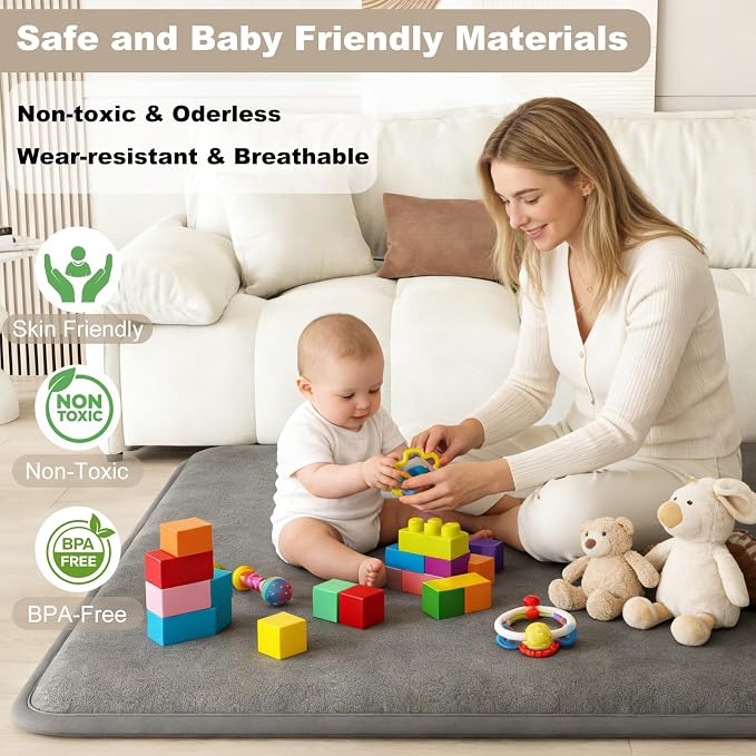 Baby Play Mat for Floor, 1.3" Thick Elasti-Foam Baby Play Mat, 50x50 Playpen Mat for Toddlers Infant Kids, Water Repellent Soft Coral Velvet Crawling Mat for Floor, Non-Slip Backing Safe Dark Grey