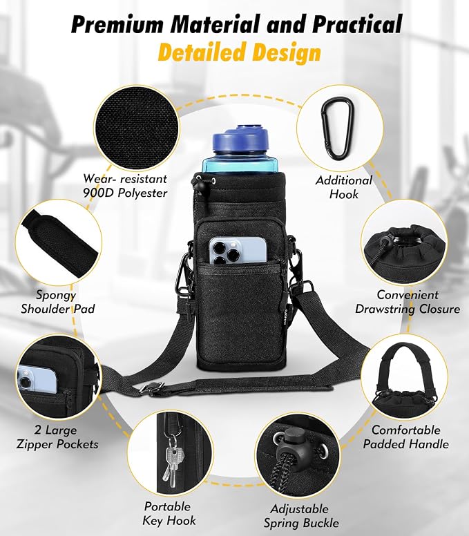 Nuovoware Magnetic Gym Bag, 40oz, Water Bottle Carrier Holder, Black | Adjustable Shoulder Strap, Magnets Magnetic Gym Bag, Bottle Pouch Sling, 2 Pocket, Neoprene Organizer Sleeve