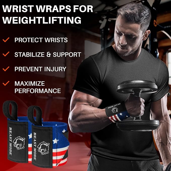 TECEUM Elastic Cotton Weightlifting Wrist Wraps with Thumb Loops, 1 Pair