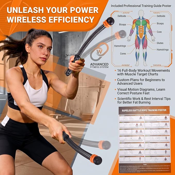 Ropeless Battle Ropes - Cordless Home Gym & Travel Workout Rope | Adjustable Resistance Full-Body Workout Equipment for HIIT, Strength Building, and Low-Impact Aerobic Training