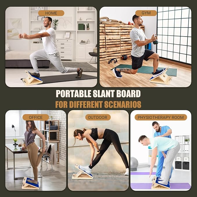 Wooden Slant Board for Calf Stretching, Portable Adjustable Calf Stretch Board with Training Poster & Resistance Bands, 300lb Weight Capacity Calf Ankle Achilles Physical Therapy Leg Exercisers