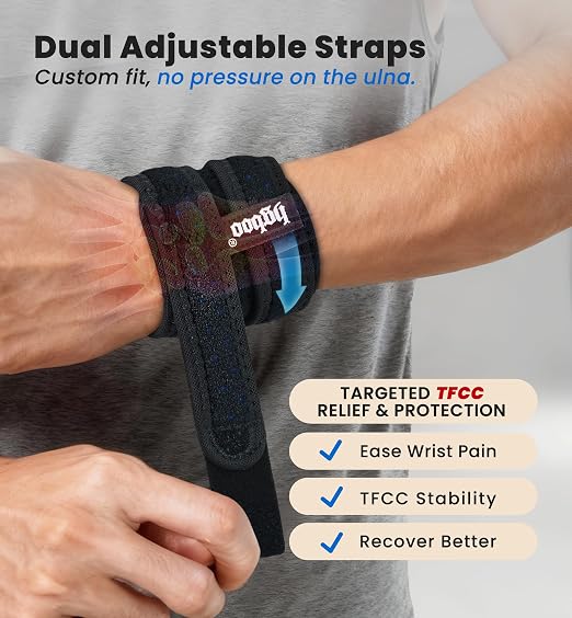 2-Pack TFCC Wrist Brace Support for Ulnar Pain, Carpal Tunnel & Tendinitis Relief, Dual Adjustable Straps Wrist Wrap, Breathable Comfortable Wrist Brace for Sports, Work & Daily Use (Black)