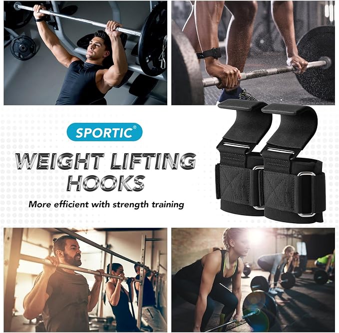 SPORTIC Weight Lifting Hooks (Pair) - Heavy Duty Lifting Wrist Straps, Hand Grip Support for Deadlifts, Pull Ups, Shrugs, Weightlifting Hooks Gym Gloves for Men and Women