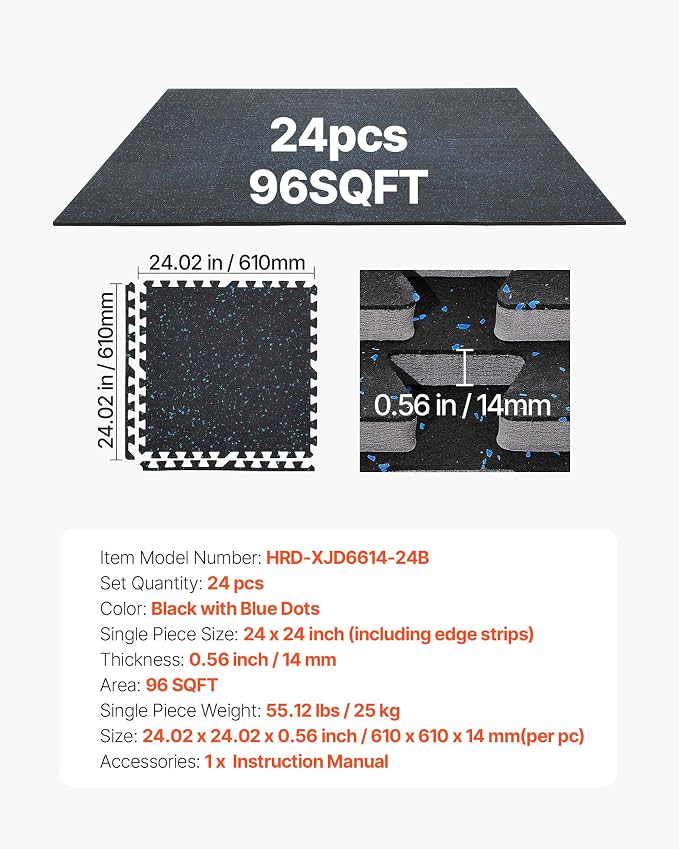 VEVOR 0.56Inch 96sq.ft 24 Tiles Gym Flooring for Home Gym, Rubber Top with High Density EVA Foam, 24 x 24In Gym Floor Exercise Equipment Mats, Interlocking Gym Mats, Puzzle Workout Mats, Black & Blue | Rubber Top with High Density EVA Foam, Lightweight...