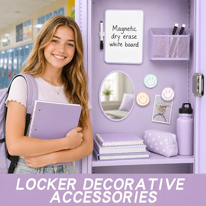 8 PCS Purple Locker Accessories for Girls Cute Locker Decorations Kit with Magnetic Mirror Whiteboard Pen Holder Magnets Locker Organizer Set for School Back to School Essentials