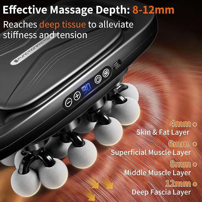 20 Head Massage Gun Deep Tissue, Percussion Muscle Massager for Back Pain | 3 Modes, 30 Intensities, 12mm Stroke, Quiet Brushless Motor, USB-C, Wide Coverage for Back/Neck/Shoulders/Legs