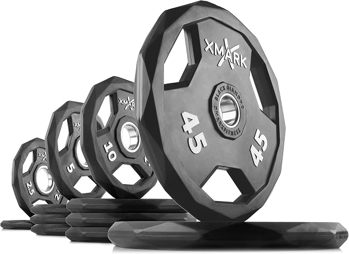 XMARK Black Diamond Olympic Weight Plates 2-Inch, Rubber Barbell Plates with Tri-Grip Handles for Home Gym Strength Training