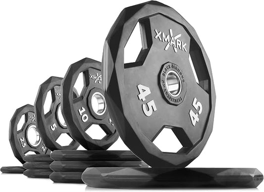 XMARK Black Diamond Olympic Weight Plates 2-Inch, Rubber Barbell Plates with Tri-Grip Handles for Home Gym Strength Training