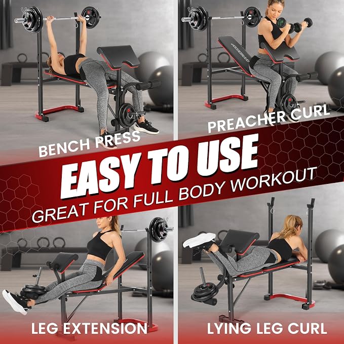 OPPSDECOR Foldable Weight Bench Set with Squat Rack and Preacher Curl Pad | Preacher Curl Bench, Leg Extension and Curl, 660lb Capacit Incline Decline Flat, Foldable Home Gym, For Women Teens Beginners