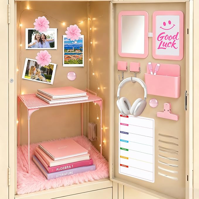 17 PCS Locker Accessories for Girls Locker Decoration Kit with Locker Shelf Magnetic Mirror Whiteboard Pen Holder Rug Wallpaper Lights Locker Organizer Set for School Dorm Gym Office (Pink)