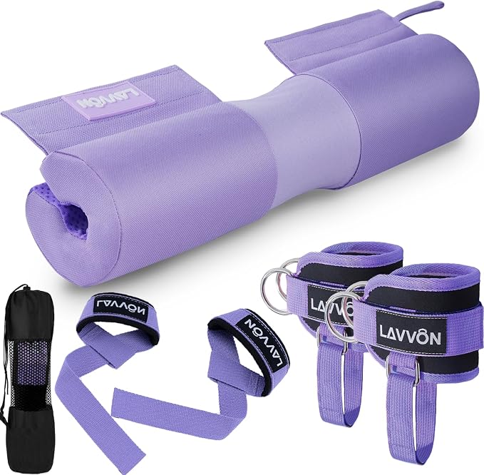 Barbell Squat Pad Set- Nylon Padding AntiSlip- Thick Foam Hip Thrusts Pads | Bench Press/Lunges/Bar Squats Padding Cushion -Standard Olympic Weight Bar Pad(Wrist Straps Weightlifting-Ankle Straps)
