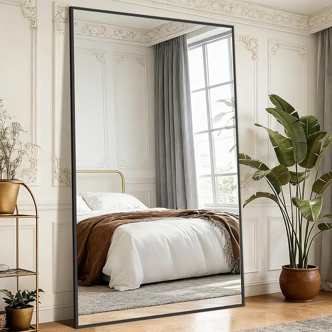 Mirrorons 82"x44" Oversized Black Full Length Mirror, Floor Standing or Wall Mounted with Hanging Kit, Shatterproof Tempered Glass Mirror for Living Room, Bedroom, Dressing Room, Gym