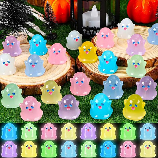 64Pcs Halloween Luminous Mini Ghosts Figures 8 Colours Glow in The Dark Miniature Resin Ghost Figurines to Hide Bulk Tiny Small Statue for Halloween Party Favors Micro Garden Dollhouse Decorations