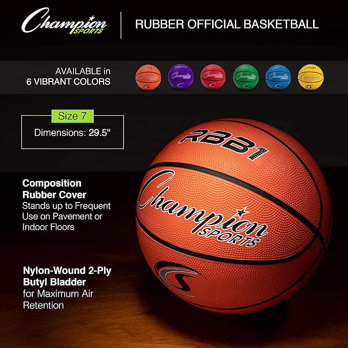 Champion Sports Rubber Basketballs – Durable Indoor & Outdoor Training & Recreational Game Balls, Multiple Sizes & Colors