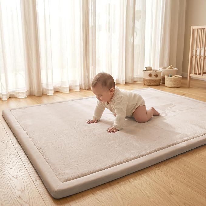 ACOMOPACK Baby Play Mat for Floor 1.3" Thick Memory Foam Play Mat 59"×71" Tummy Time Crawling with Non-Slip Bottom for Living Room,Nursery,Soft Velvet Playpen Mats for Kids,Infants（Beige）