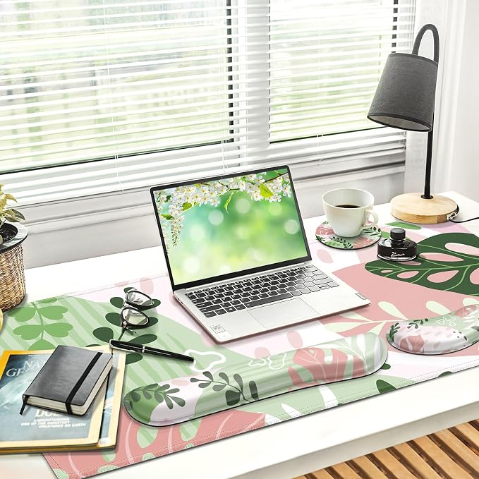 Gimars 4 in 1 Mouse Pad and Keyboard Wrist Rest Set, Large Mouse Pad with Memory Foam Wrist Support Pad for Desk with Coaster, Easy Typing Pain Relief, Gaming Office Home, 31.5x12 inch, Morandi Pink