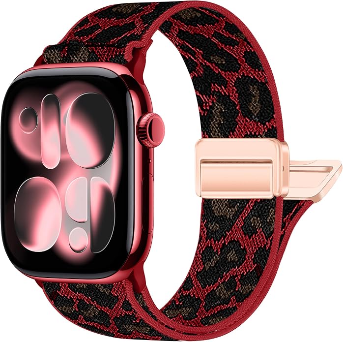 Leopard Braided Magnetic Nylon Watch Bands Compatible with Apple Watch Bands 40mm 41mm 42mm 44mm 45mm 46mm 49mm 38mm Women Men, Elastic Sport Strap for iWatch Series 11 10 9 8 7 6 5 4 SE Ultra 3 2 1