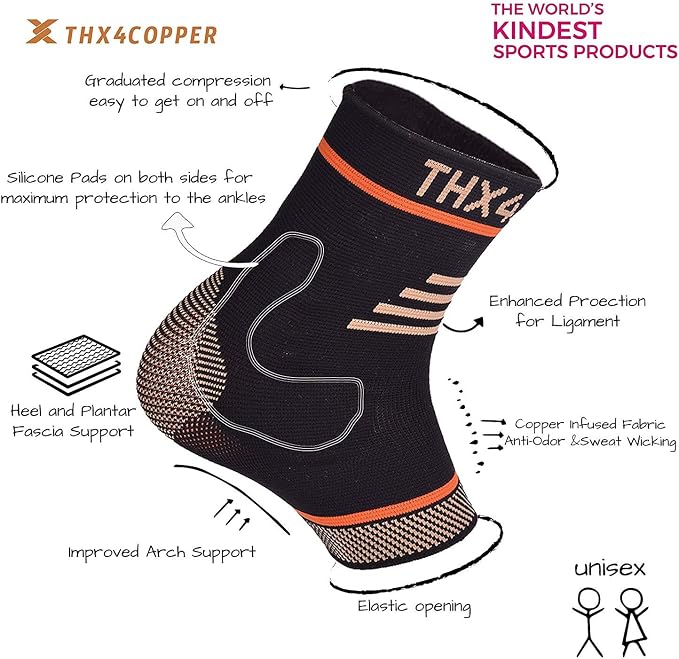 THX4COPPER Infused Compression Ankle Brace, Plantar Fasciitis Socks for Arch Pain, Reduce Swelling & Heel Spurs, Ankle Support - Single