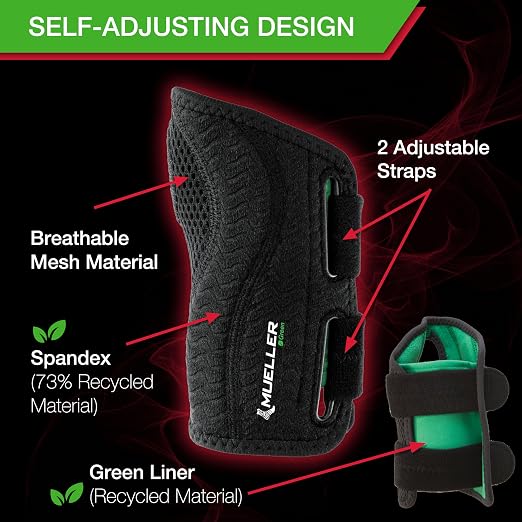 MUELLER Sports Medicine Green Fitted Wrist Brace for Men and Women, Wrist Pain Relief Support, Ideal for Carpal Tunnel, Tendonitis, Arthritis, Right Hand, Black, Large/X-Large