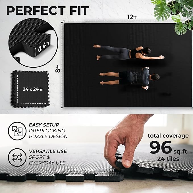 bemaxx Gym Mats Set - 24 pcs EVA Interlocking Foam Floor Tiles (24.4"x24.4"x0.4") 96 sqft Protective Gym Flooring Sports Home Workout Exercise Mats Puzzle Garage Fitness Play-Room Pool Treadmill Bike