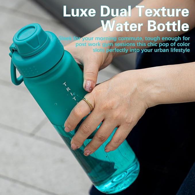 OLDLEY 32oz Water Bottle with Handle, BPA-Free Tritan Reusable Sports Water Bottle with Leak-Proof Dust Lid, Wide Mouth, Cup Holder Friendly, Half Frosted Clear Bottle for Gym, Travel, Work,Aqua Blue