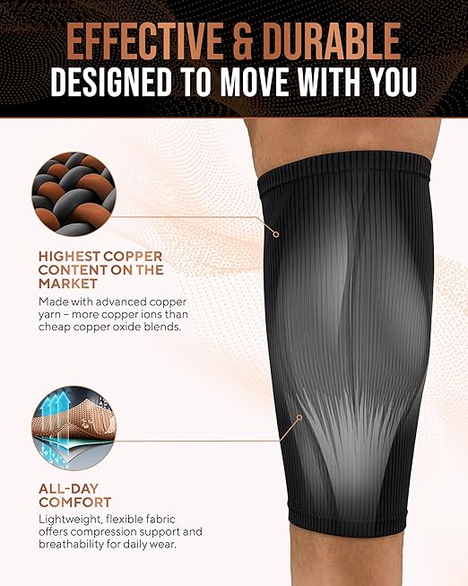 TheraCopper Copper Calf Compression Sleeve — Premium Copper Compression Shin Sleeve for Men & Women — Breathable & Non-Slip Leg Sleeves for Runners, Shin Splints, Muscle Recovery & Leg Fatigue (Large)