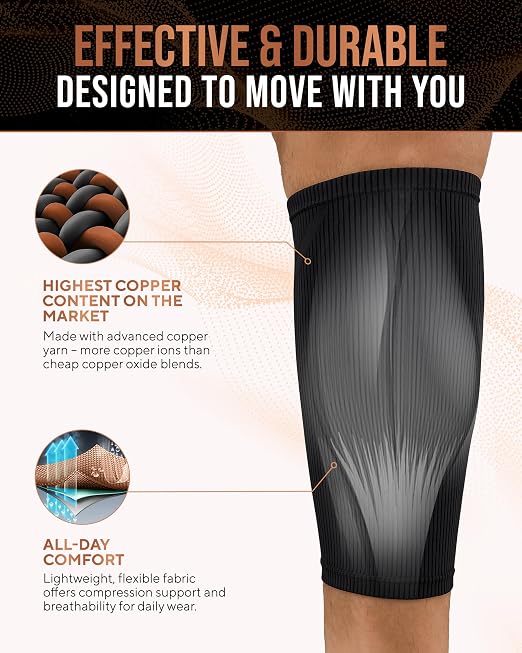 TheraCopper Copper Calf Compression Sleeve — Premium Copper Compression Shin Sleeve for Men & Women — Breathable & Non-Slip Leg Sleeves for Runners, Shin Splints, Muscle Recovery & Leg Fatigue (Medium)