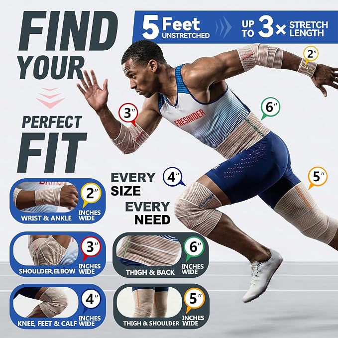 FRESINIDER Premium Elastic Bandage Wrap 5 Inch, 6 Pack, Hook and Loop | Wide 5-Inch Cotton Compression Wrap for Knee, Shoulder and Thigh; Firm Support for Sprains, Swelling and Sports Recovery.