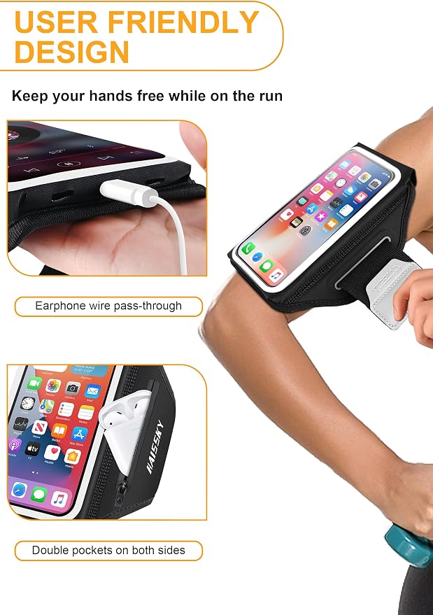 Running Armband with Earphone Bag Cell Phone Armband for iPhone 16 15 Pro 14 Plus 13 11 XR XS, Galaxy S24/S10 Water Resistant Sports Phone Holder Case & Zipper Slot Car Key Holder for 6.9 inch Phone | Zipper Pocket for Keys & Earphones, TPU Touchscreen...