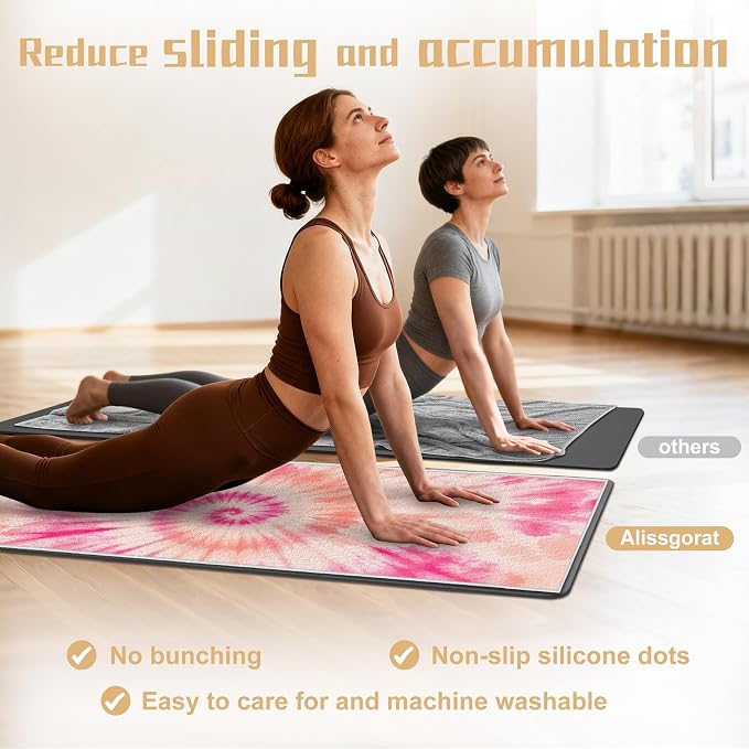 Yoga Mat Towel Non Slip Ultra-Absorbent Hot Yoga Towel, Super Stylish Printed Sweat Hot Yoga Towel, Ideal for Home, Workouts, Pilates, Yoga, 72 x 27in, Orange & Pink Tie Dye